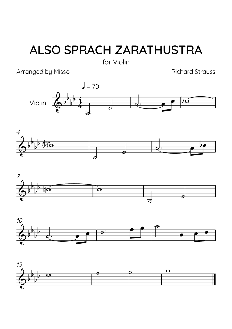 Also Sprach Zarathustra - Violin Solo in Ab Major - Beginner Level - Sheet Music Violin Solo scores gallery preview page 1