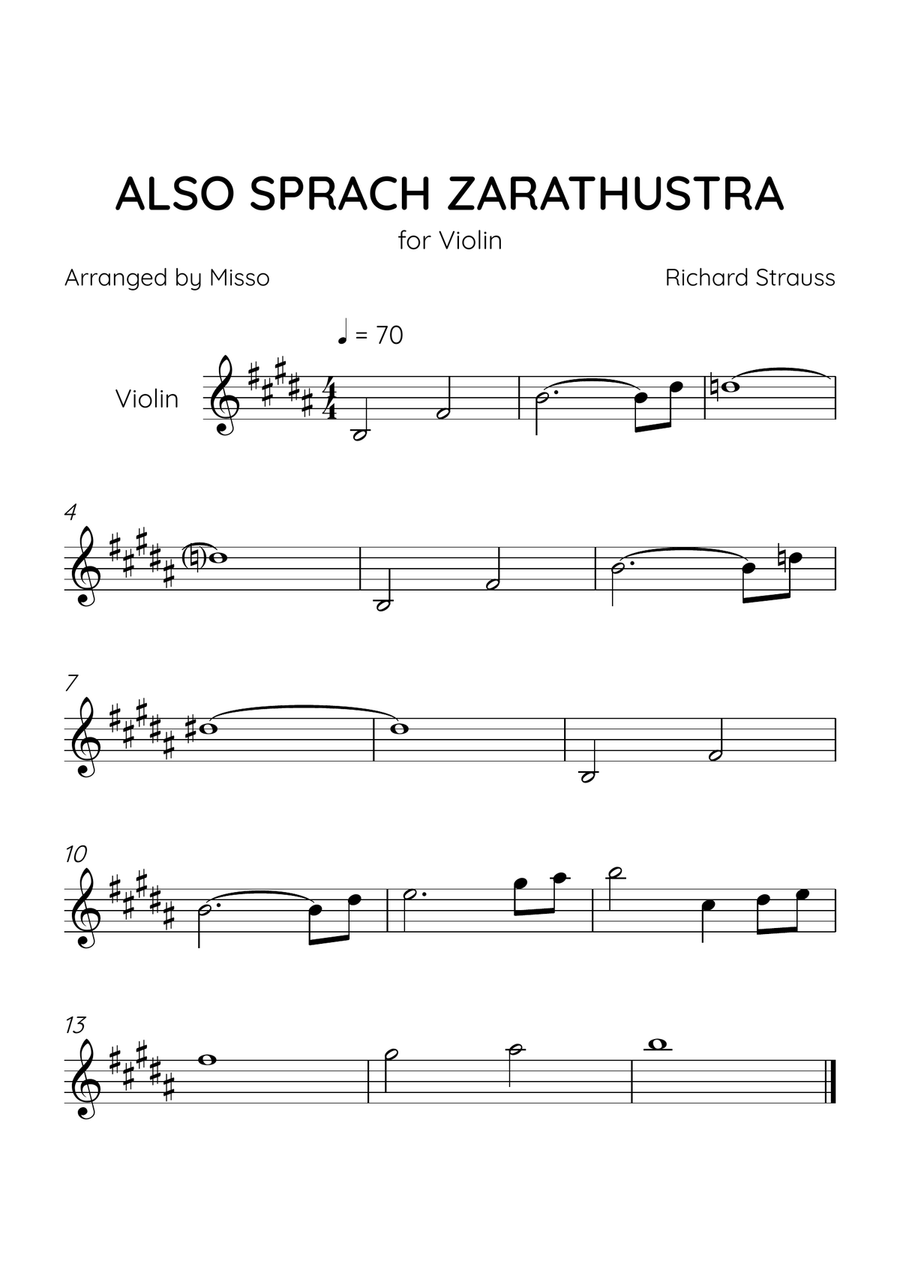 Also Sprach Zarathustra - Violin Solo in B Major - Beginner Level - Sheet Music Violin Solo scores gallery preview page 1