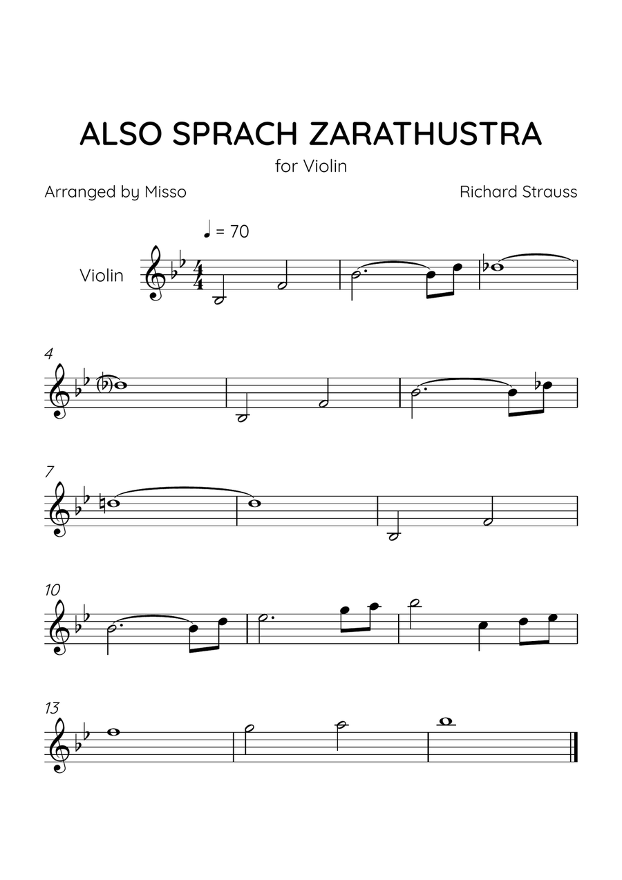 Also Sprach Zarathustra - Violin Solo in Bb Major - Beginner Level - Sheet Music Violin Solo scores gallery preview page 1