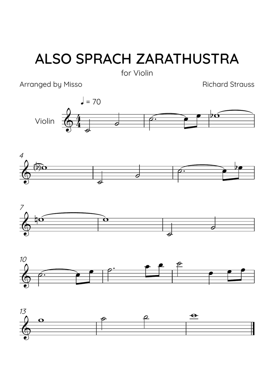 Also Sprach Zarathustra - Violin Solo in C Major - Beginner Level - Sheet Music Violin Solo scores gallery preview page 1