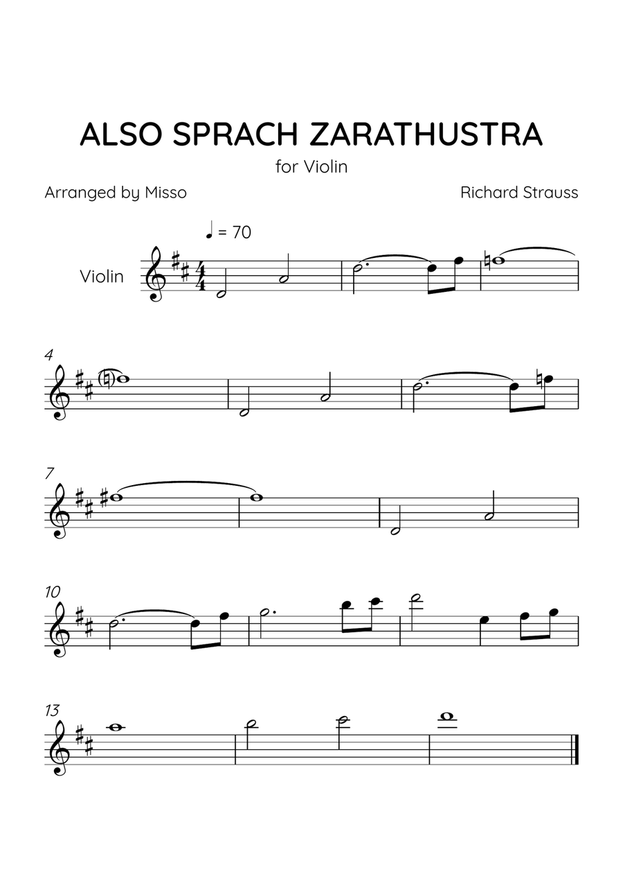 Also Sprach Zarathustra - Violin Solo in D Major - Beginner Level - Sheet Music Violin Solo scores gallery preview page 1