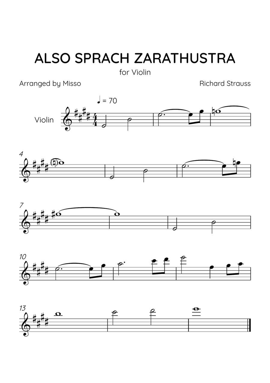 Also Sprach Zarathustra - Violin Solo in E Major - Beginner Level - Sheet Music Violin Solo scores gallery preview page 1