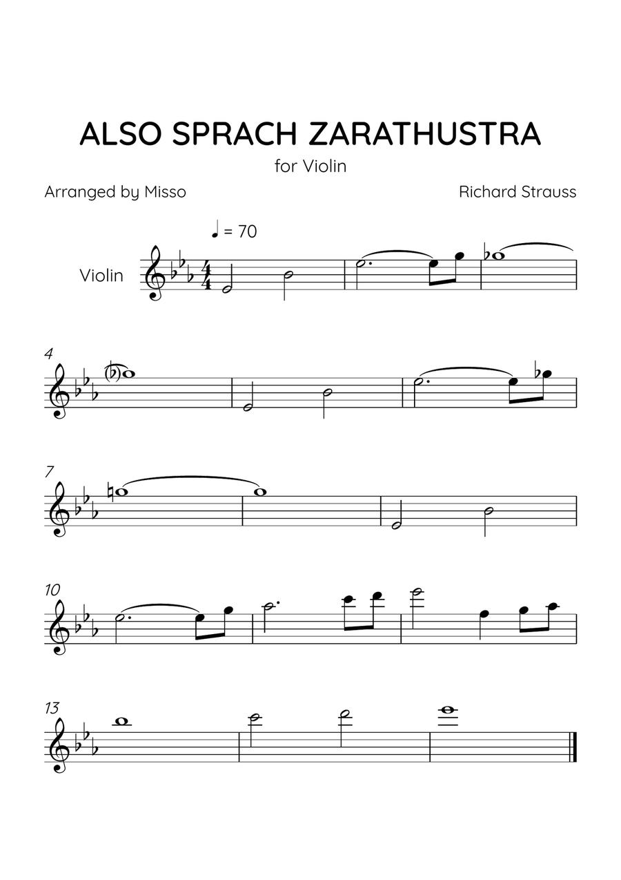 Also Sprach Zarathustra - Violin Solo in Eb Major - Beginner Level - Sheet Music Violin Solo scores gallery preview page 1