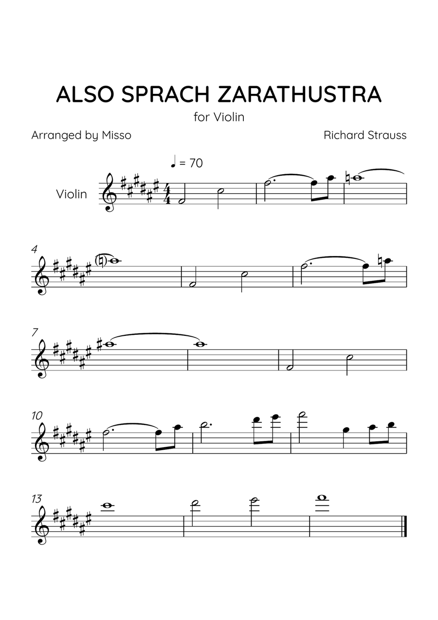 Also Sprach Zarathustra - Violin Solo in F# Major - Beginner Level - Sheet Music Violin Solo scores gallery preview page 1