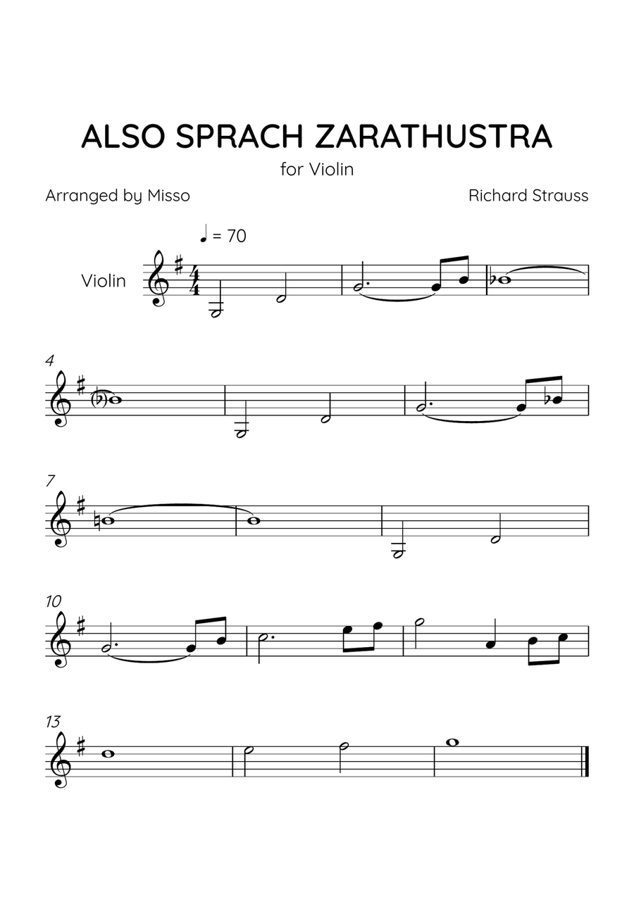 Also Sprach Zarathustra - Violin Solo in G Major - Beginner Level - Sheet Music Violin Solo scores gallery preview page 1