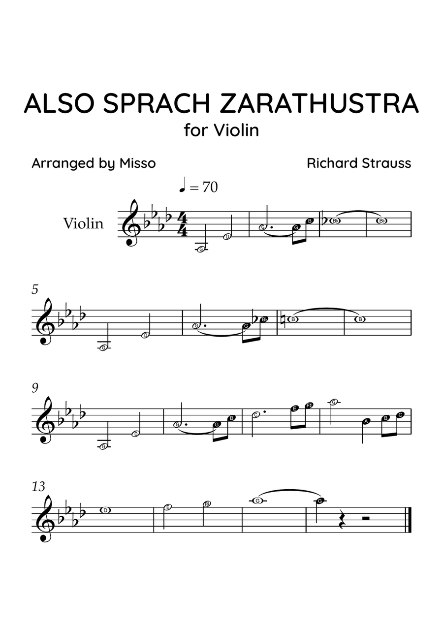 Also Sprach Zarathustra - Violin Solo in Ab Major - Beginner Level Letter Names - Sheet Music Violin Solo scores gallery preview page 1