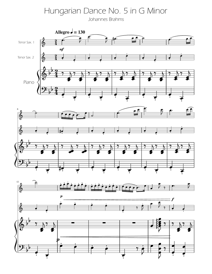 Hungarian Dance No. 5 - Tenor Sax Duet Woodwind Duet scores gallery preview page 1