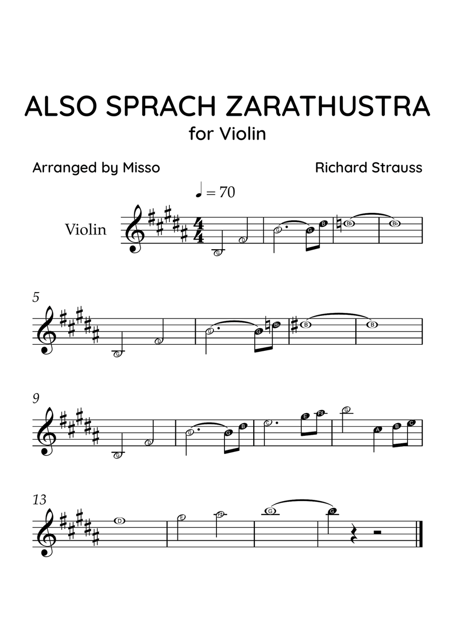 Also Sprach Zarathustra - Violin Solo in B Major - Beginner Level Letter Names - Sheet Music Violin Solo scores gallery preview page 1