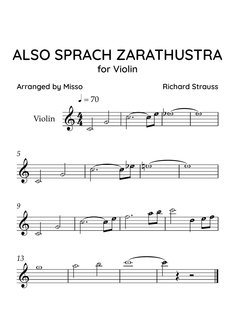 Also Sprach Zarathustra - Violin Solo in C Major - Beginner Level Letter Names - Sheet Music Violin Solo scores gallery preview page 1
