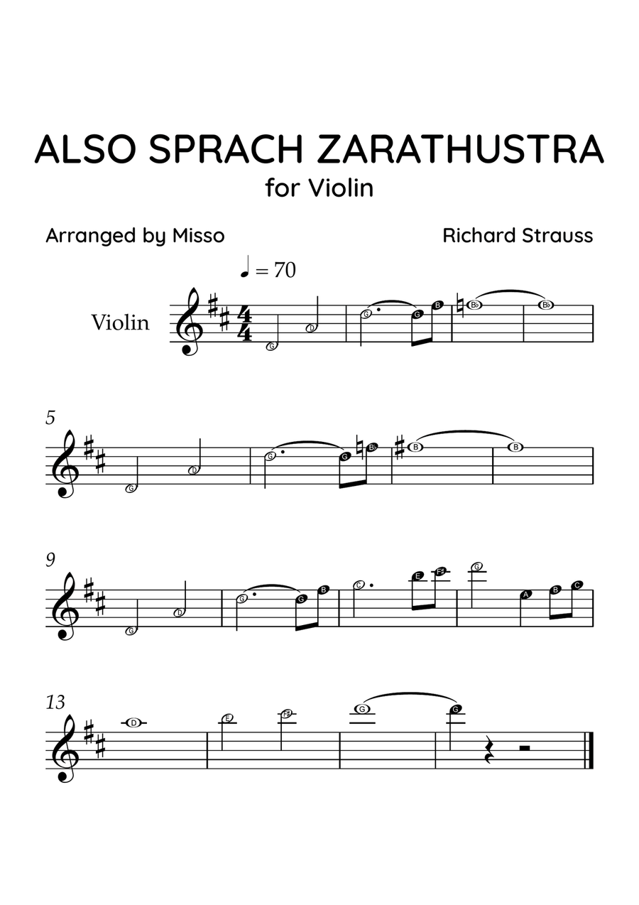 Also Sprach Zarathustra - Violin Solo in D Major - Beginner Level Letter Names - Sheet Music Violin Solo scores gallery preview page 1