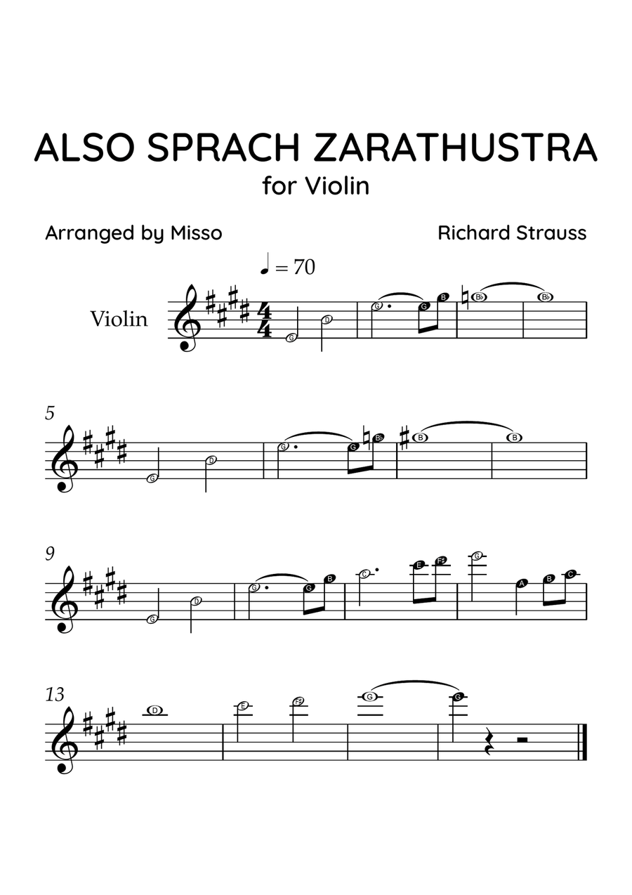 Also Sprach Zarathustra - Violin Solo in E Major - Beginner Level Letter Names - Sheet Music Violin Solo scores gallery preview page 1