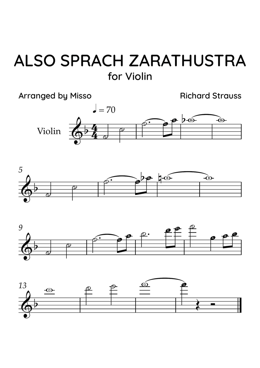 Also Sprach Zarathustra - Violin Solo in F Major - Beginner Level Letter Names - Sheet Music Violin Solo scores gallery preview page 1