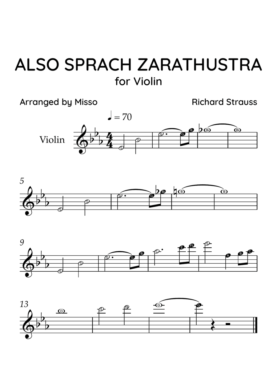 Also Sprach Zarathustra - Violin Solo in Eb Major - Beginner Level Letter Names - Sheet Music Violin Solo scores gallery preview page 1
