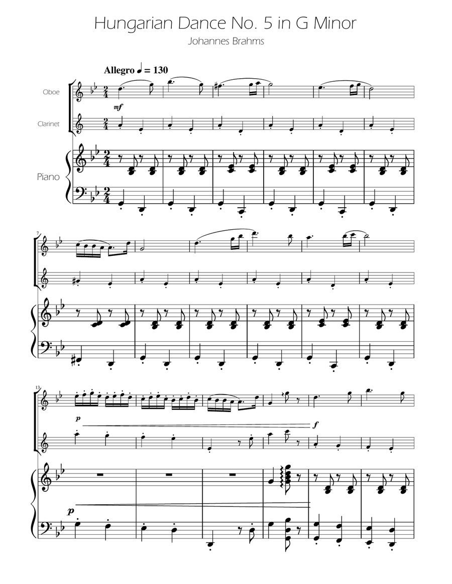 Hungarian Dance No. 5 - Oboe and Clarinet Duet Woodwind Duet scores gallery preview page 1