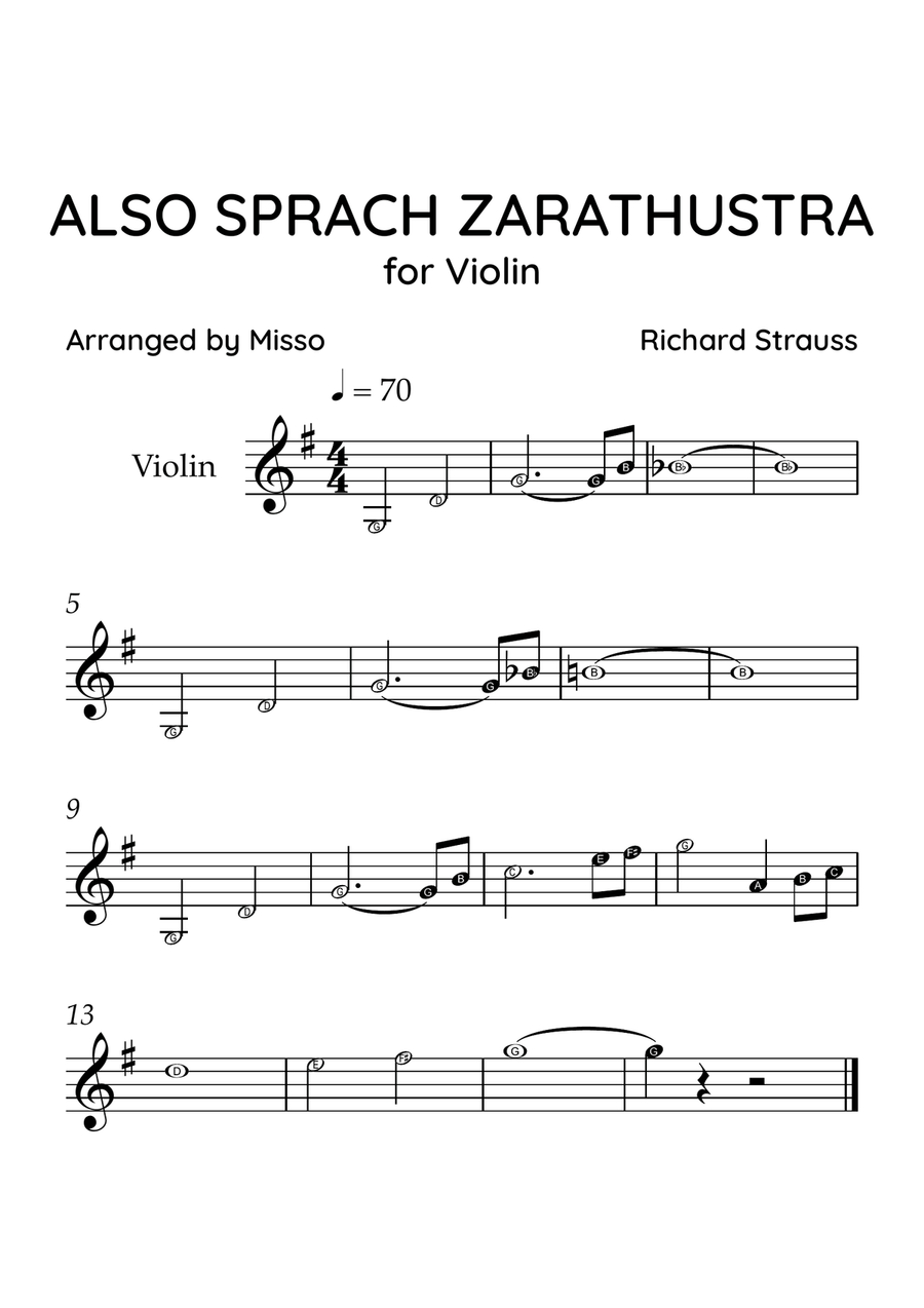 Also Sprach Zarathustra - Violin Solo in G Major - Beginner Level Letter Names - Sheet Music Violin Solo scores gallery preview page 1