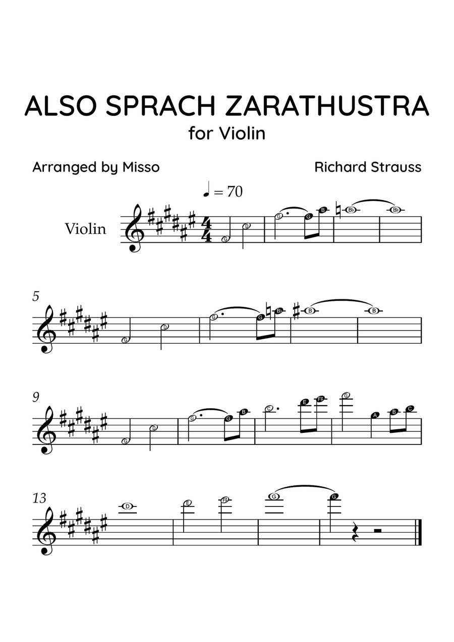 Also Sprach Zarathustra - Violin Solo in F# Major - Beginner Level Letter Names - Sheet Music Violin Solo scores gallery preview page 1