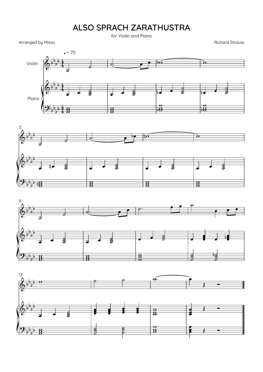 Also Sprach Zarathustra - Violin and Piano in Ab Major - Beginner Level - Sheet Music Violin Solo scores gallery preview page 1