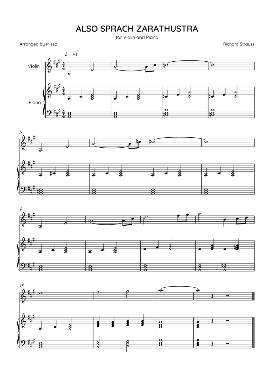 Also Sprach Zarathustra - Violin and Piano in A Major - Beginner Level - Sheet Music Violin Solo scores gallery preview page 1
