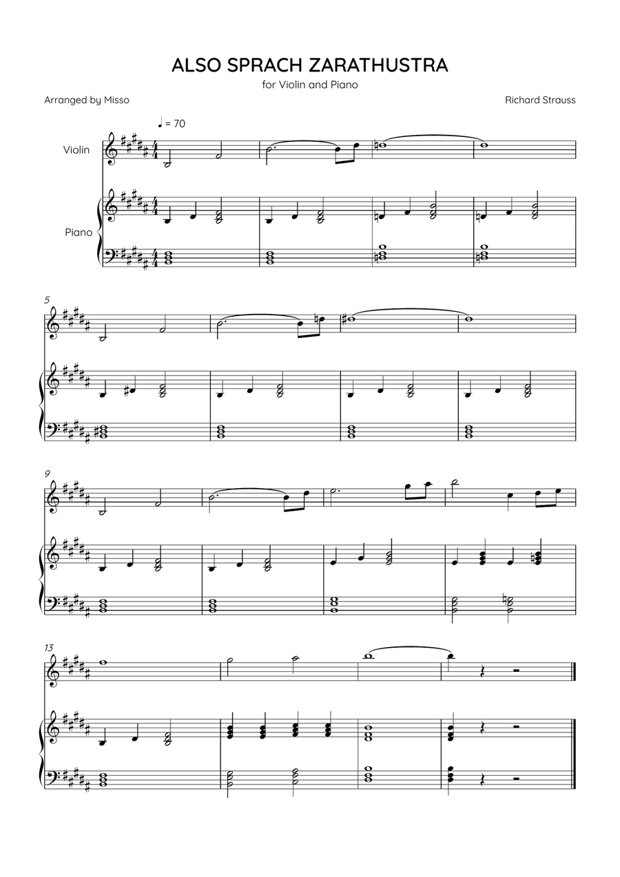 Also Sprach Zarathustra - Violin and Piano in B Major - Beginner Level - Sheet Music Violin Solo scores gallery preview page 1