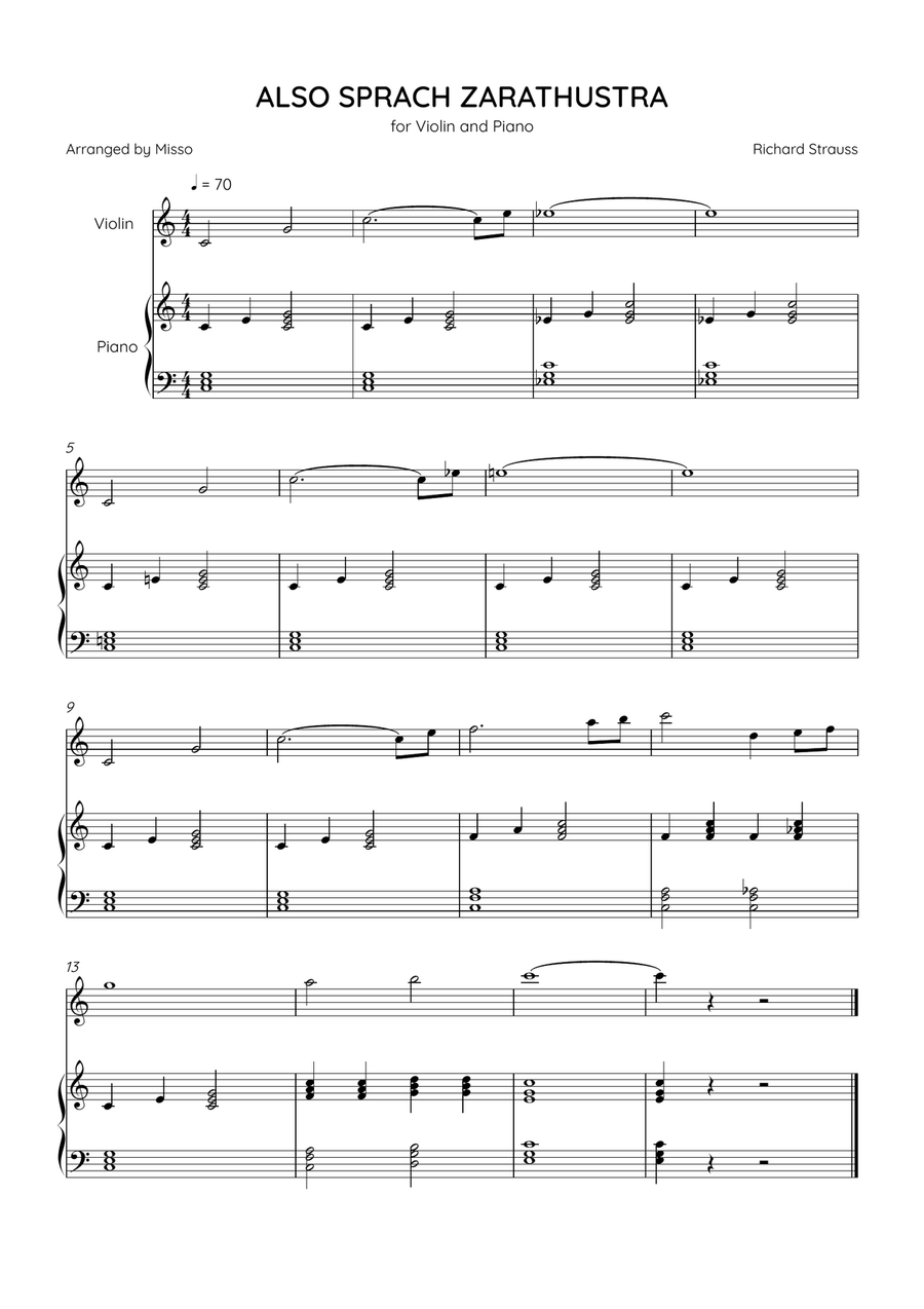 Also Sprach Zarathustra - Violin and Piano in C Major - Beginner Level - Sheet Music Violin Solo scores gallery preview page 1