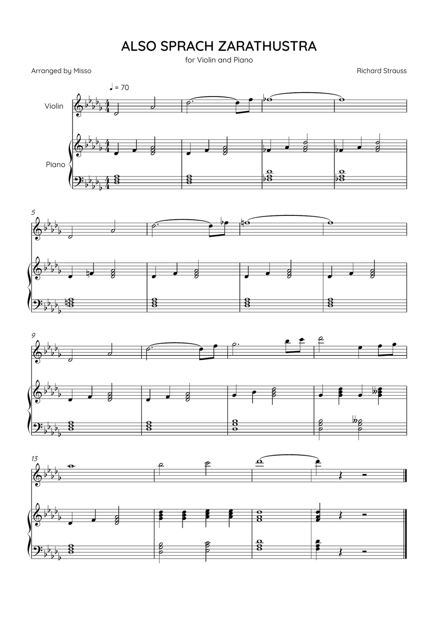 Also Sprach Zarathustra - Violin and Piano in Db Major - Beginner Level - Sheet Music Violin Solo scores gallery preview page 1