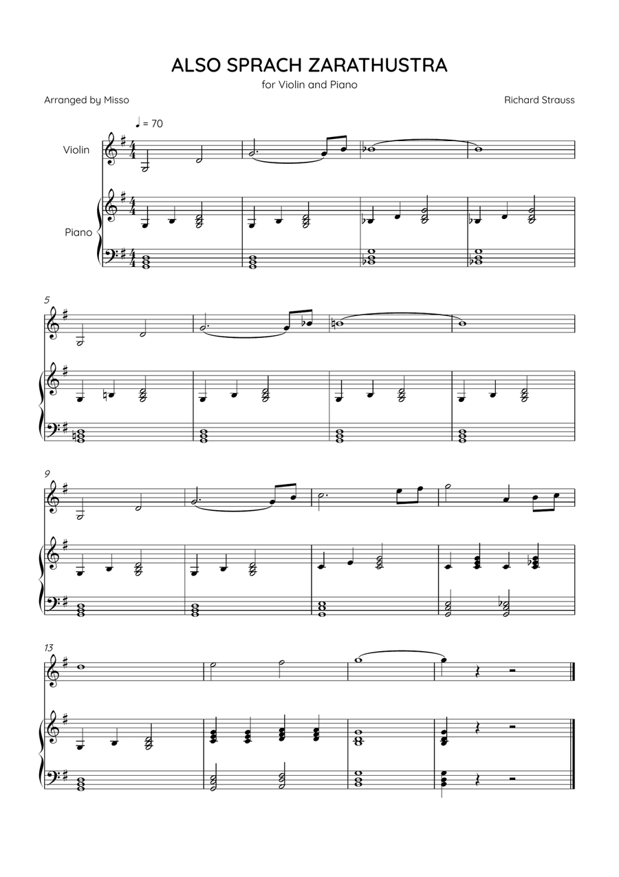 Also Sprach Zarathustra - Violin and Piano in G Major - Beginner Level - Sheet Music Violin Solo scores gallery preview page 1