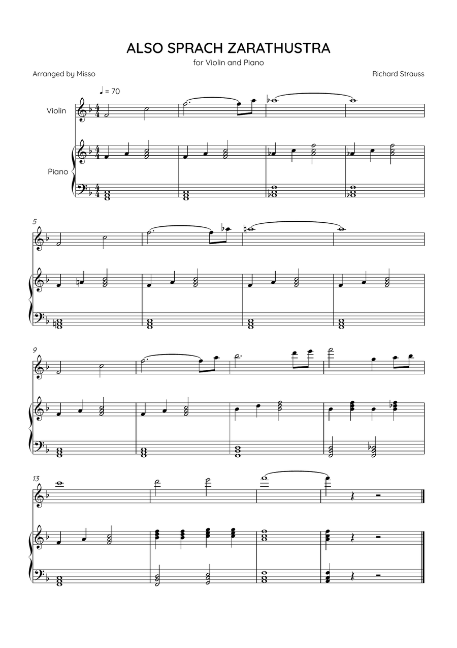Also Sprach Zarathustra - Violin and Piano in F Major - Beginner Level - Sheet Music Violin Solo scores gallery preview page 1
