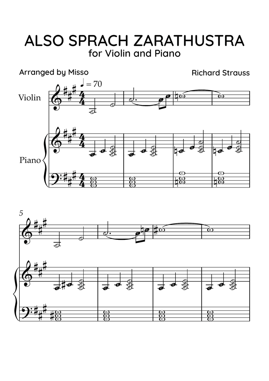Also Sprach Zarathustra- Violin and Piano in A Major - Beginner Level Letter Names - Sheet Music Violin Solo scores gallery preview page 1