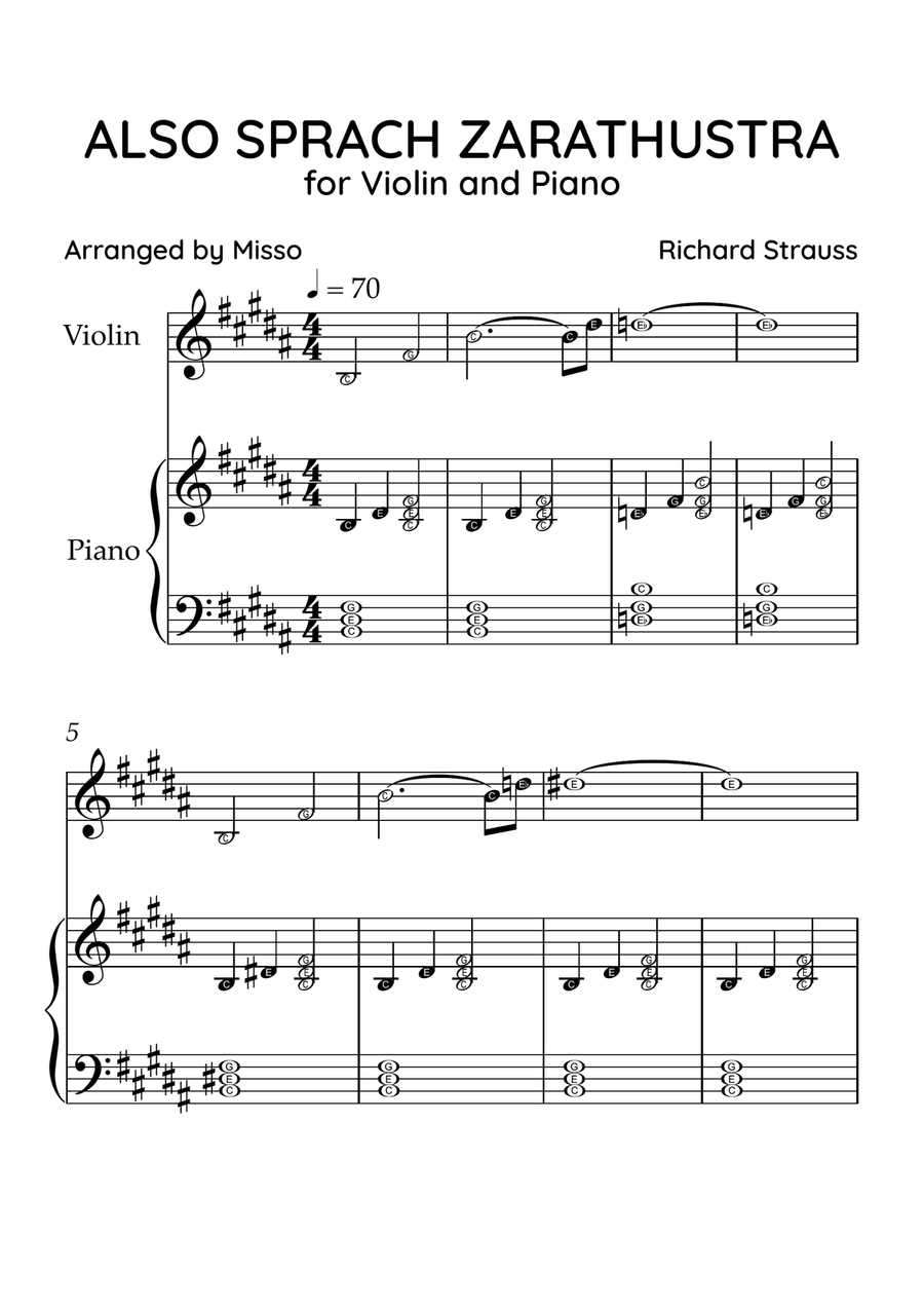 Also Sprach Zarathustra - Violin and Piano in B Major - Beginner Level Letter Names - Sheet Music Violin Solo scores gallery preview page 1