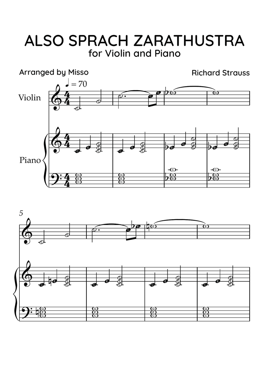 Also Sprach Zarathustra- Violin and Piano in C Major - Beginner Level Letter Names - Sheet Music Violin Solo scores gallery preview page 1