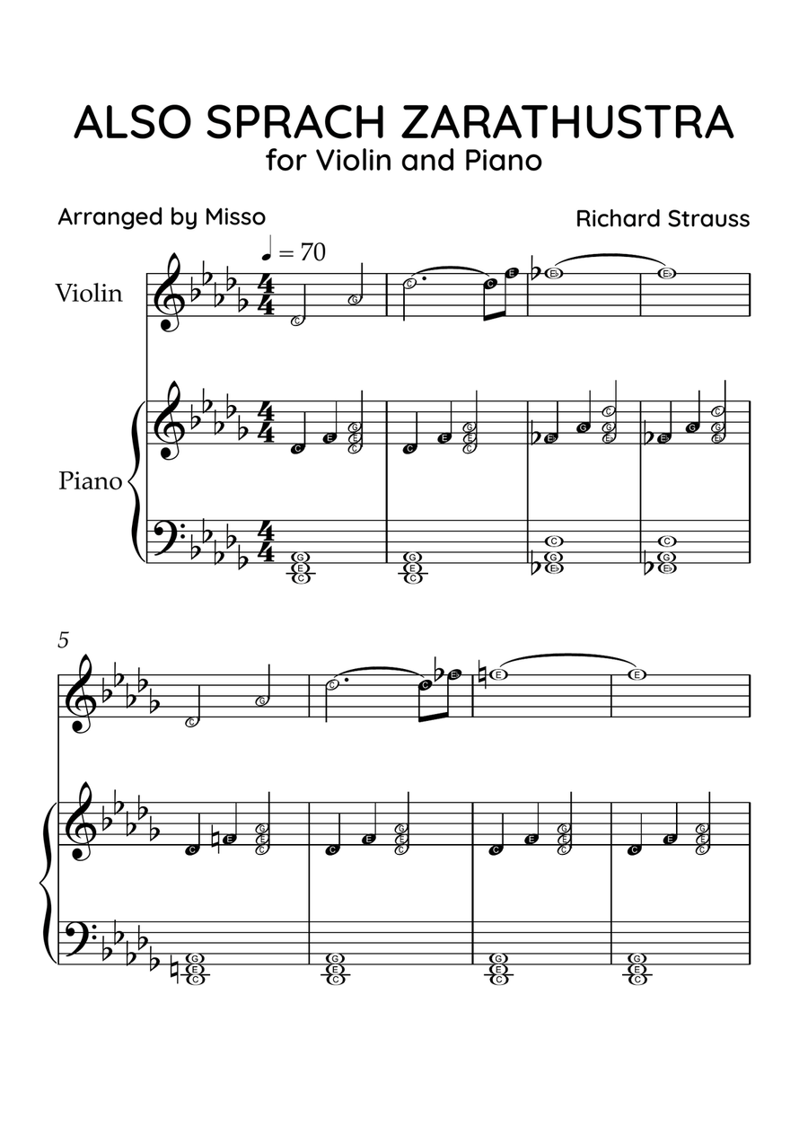 Also Sprach Zarathustra - Violin and Piano in Db Major - Beginner Level Letter Names - Sheet Music Violin Solo scores gallery preview page 1