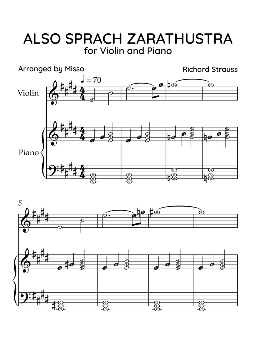 Also Sprach Zarathustra - Violin and Piano in E Major - Beginner Level Letter Names - Sheet Music Violin Solo scores gallery preview page 1