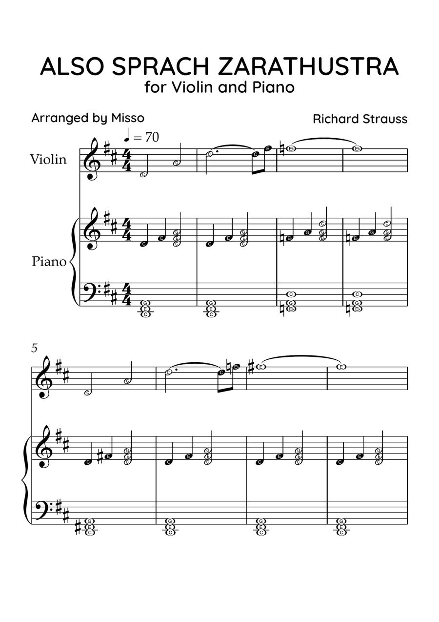 Also Sprach Zarathustra - Violin and Piano in D Major - Beginner Level Letter Names - Sheet Music Violin Solo scores gallery preview page 1