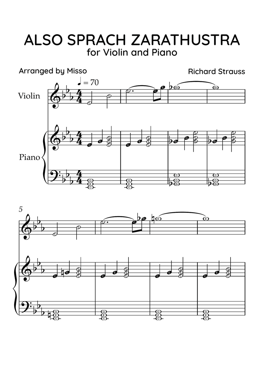 Also Sprach Zarathustra - Violin and Piano in Eb Major - Beginner Level Letter Names - Sheet Music Violin Solo scores gallery preview page 1