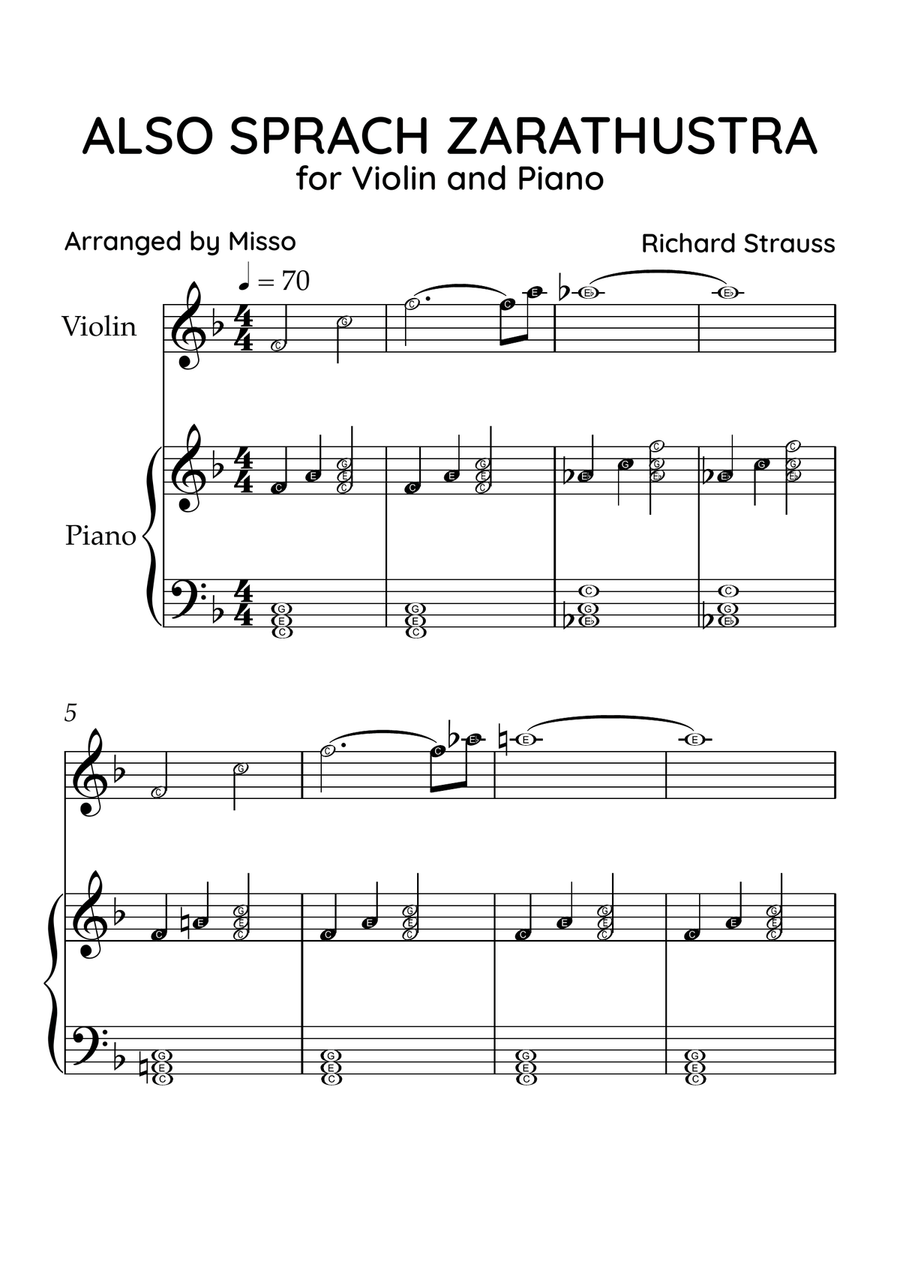 Also Sprach Zarathustra - Violin and Piano in F Major - Beginner Level Letter Names - Sheet Music Violin Solo scores gallery preview page 1