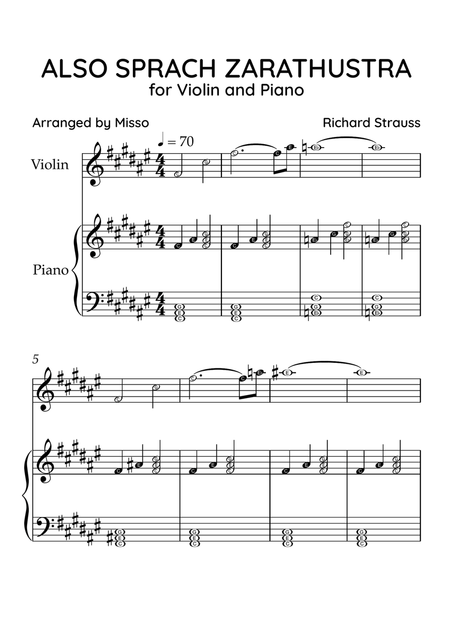 Also Sprach Zarathustra - Violin and Piano in F# Major - Beginner Level Letter Names - Sheet Music Violin Solo scores gallery preview page 1