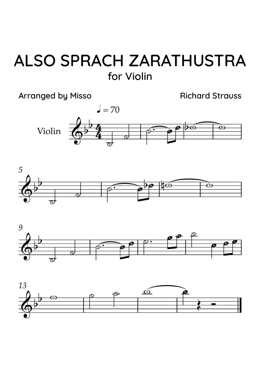 Also Sprach Zarathustra - Violin Solo in Bb Major - Beginner Level Letter Names - Sheet Music Violin Solo scores gallery preview page 1