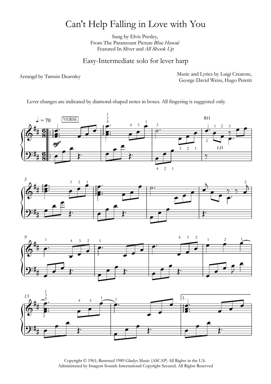 Can't Help Falling In Love Celtic Harp scores gallery preview page 1