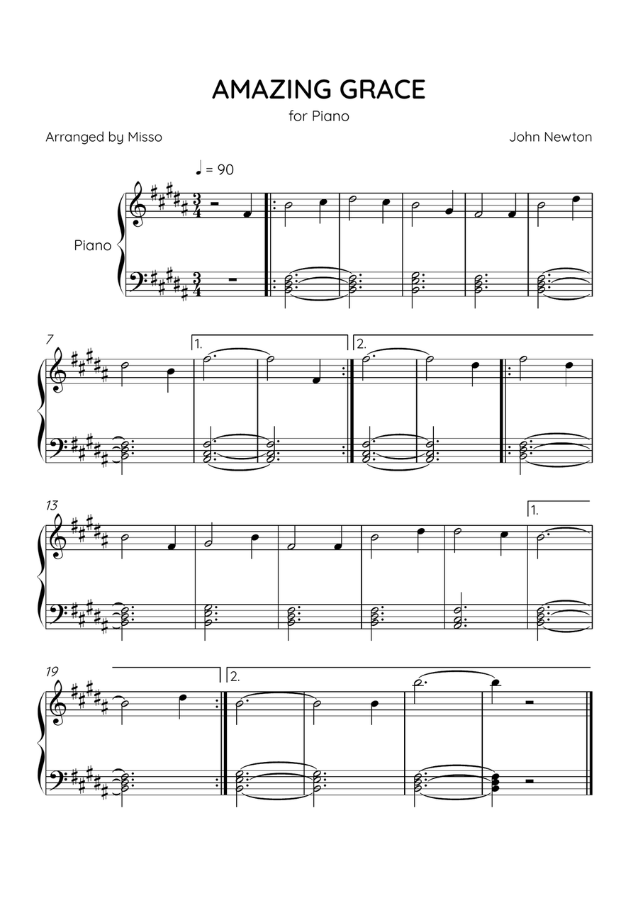 Amazing Grace - Piano Solo in B Major - Beginner Level - Sheet Music Easy Piano scores gallery preview page 1