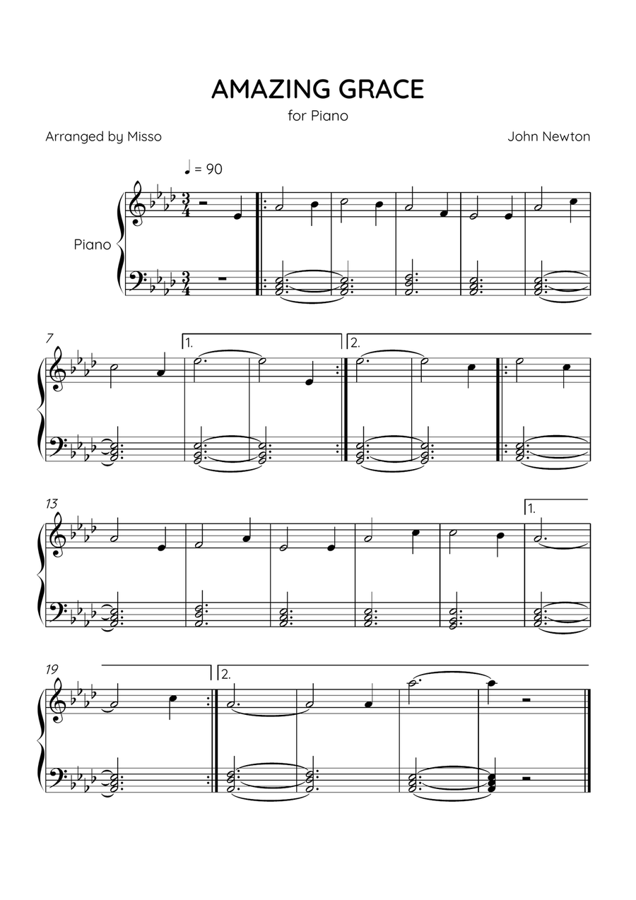 Amazing Grace - Piano Solo in Ab Major - Beginner Level - Sheet Music Easy Piano scores gallery preview page 1