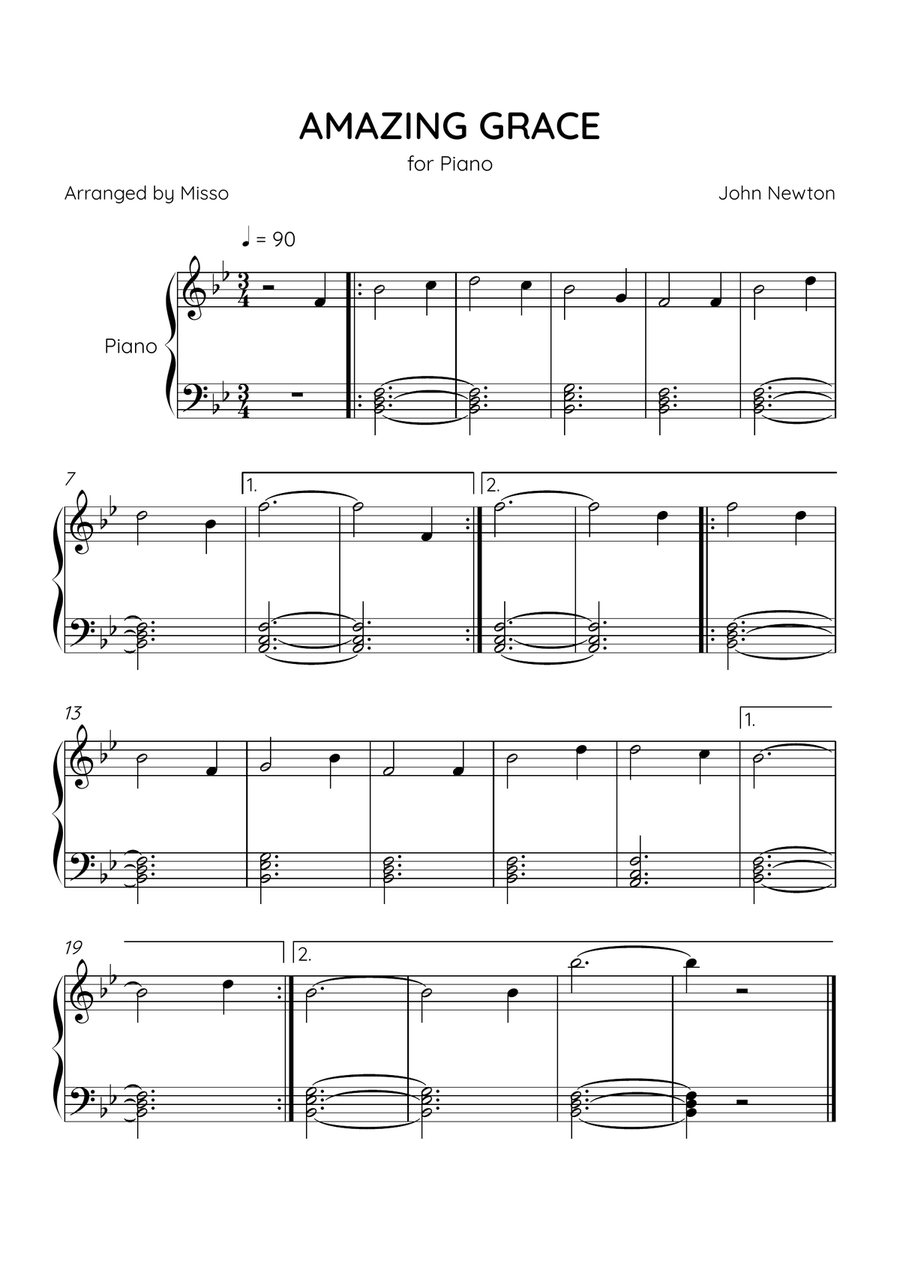 Amazing Grace - Piano Solo in Bb Major - Beginner Level - Sheet Music Easy Piano scores gallery preview page 1