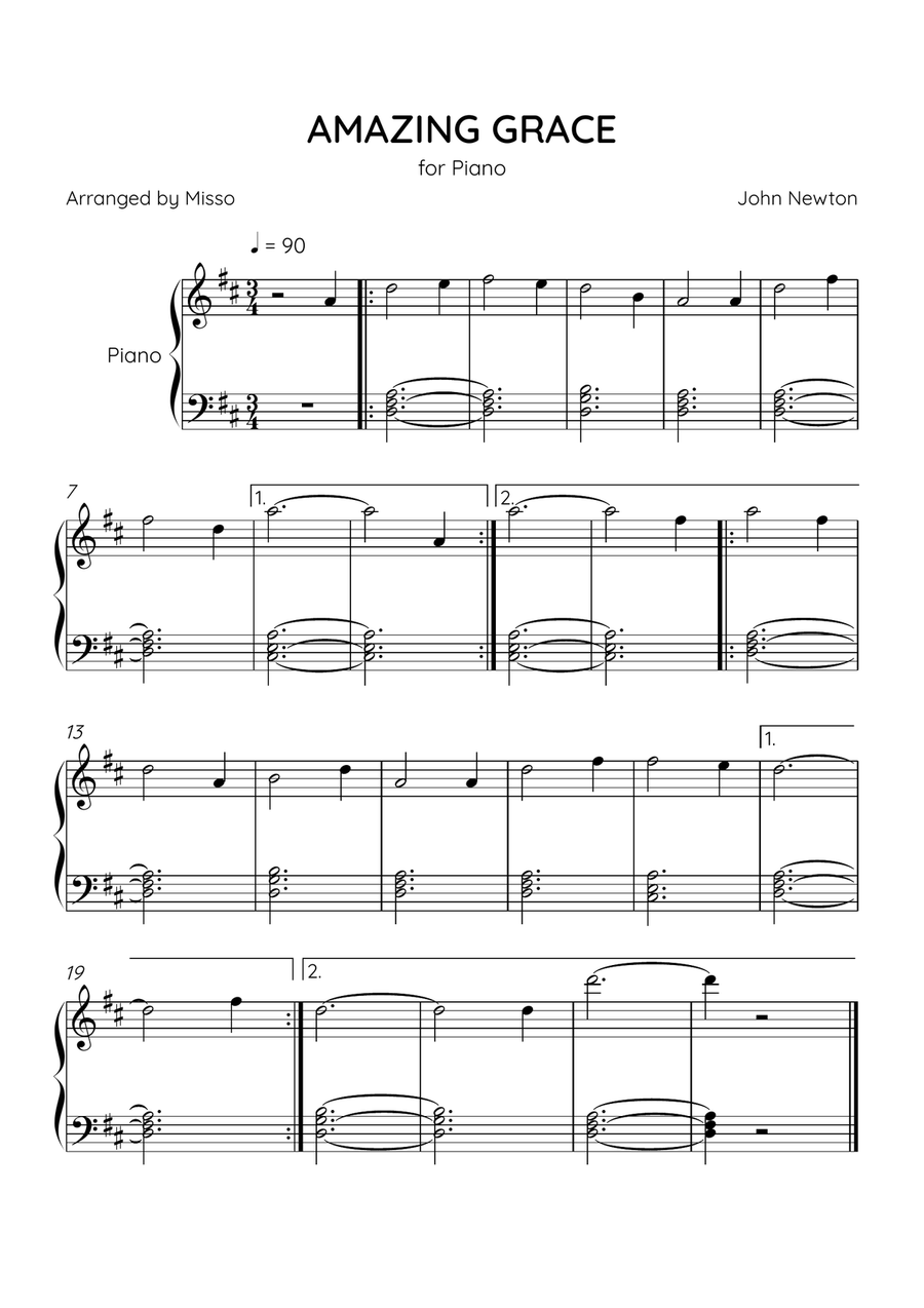 Amazing Grace - Piano Solo in D Major - Beginner Level - Sheet Music Easy Piano scores gallery preview page 1