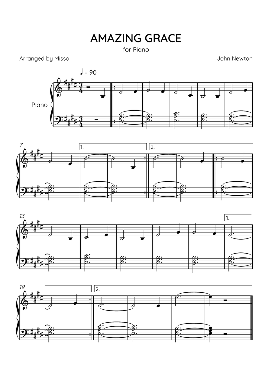Amazing Grace - Piano Solo in E Major - Beginner Level - Sheet Music Easy Piano scores gallery preview page 1
