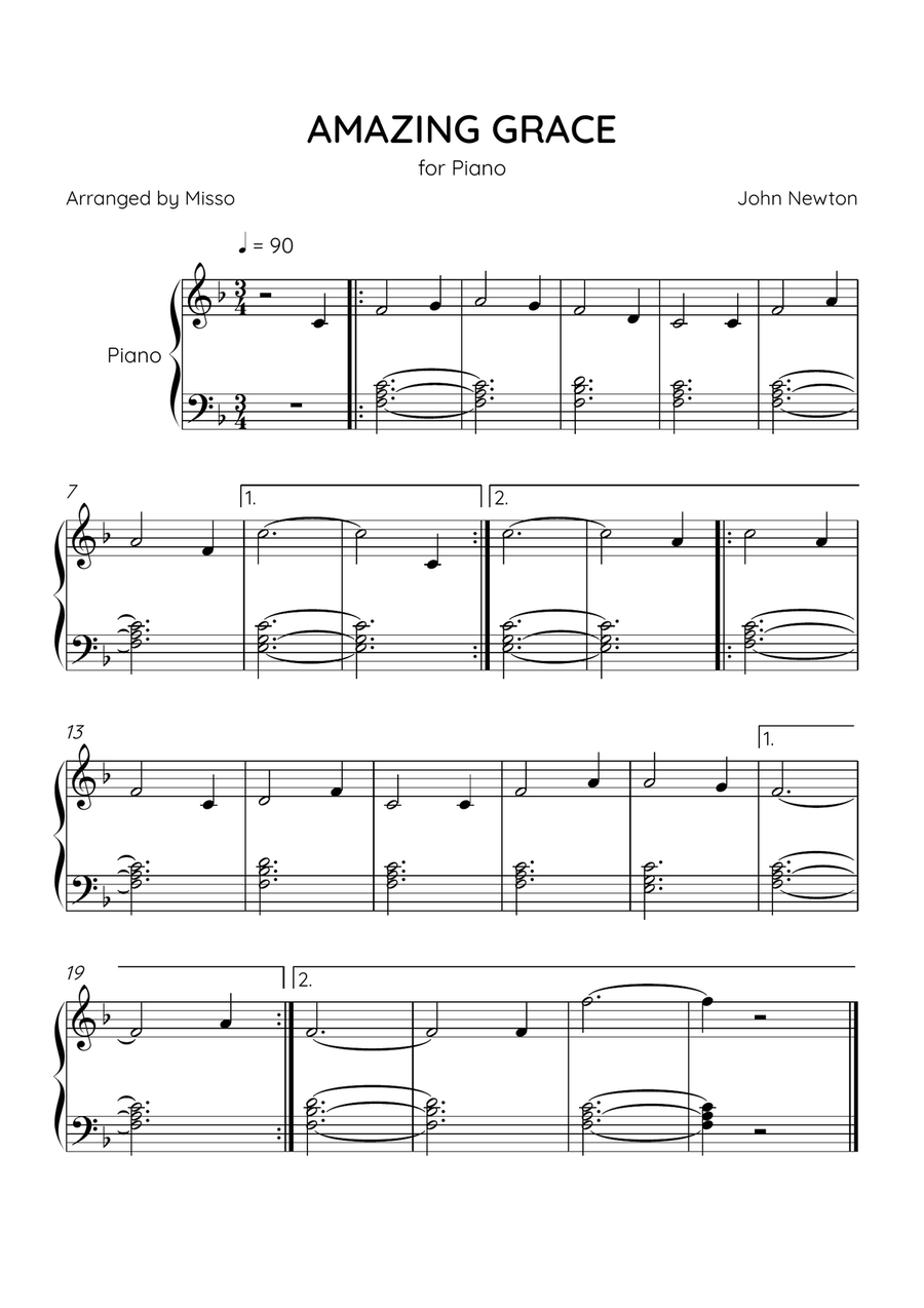 Amazing Grace - Piano Solo in F Major - Beginner Level - Sheet Music Easy Piano scores gallery preview page 1