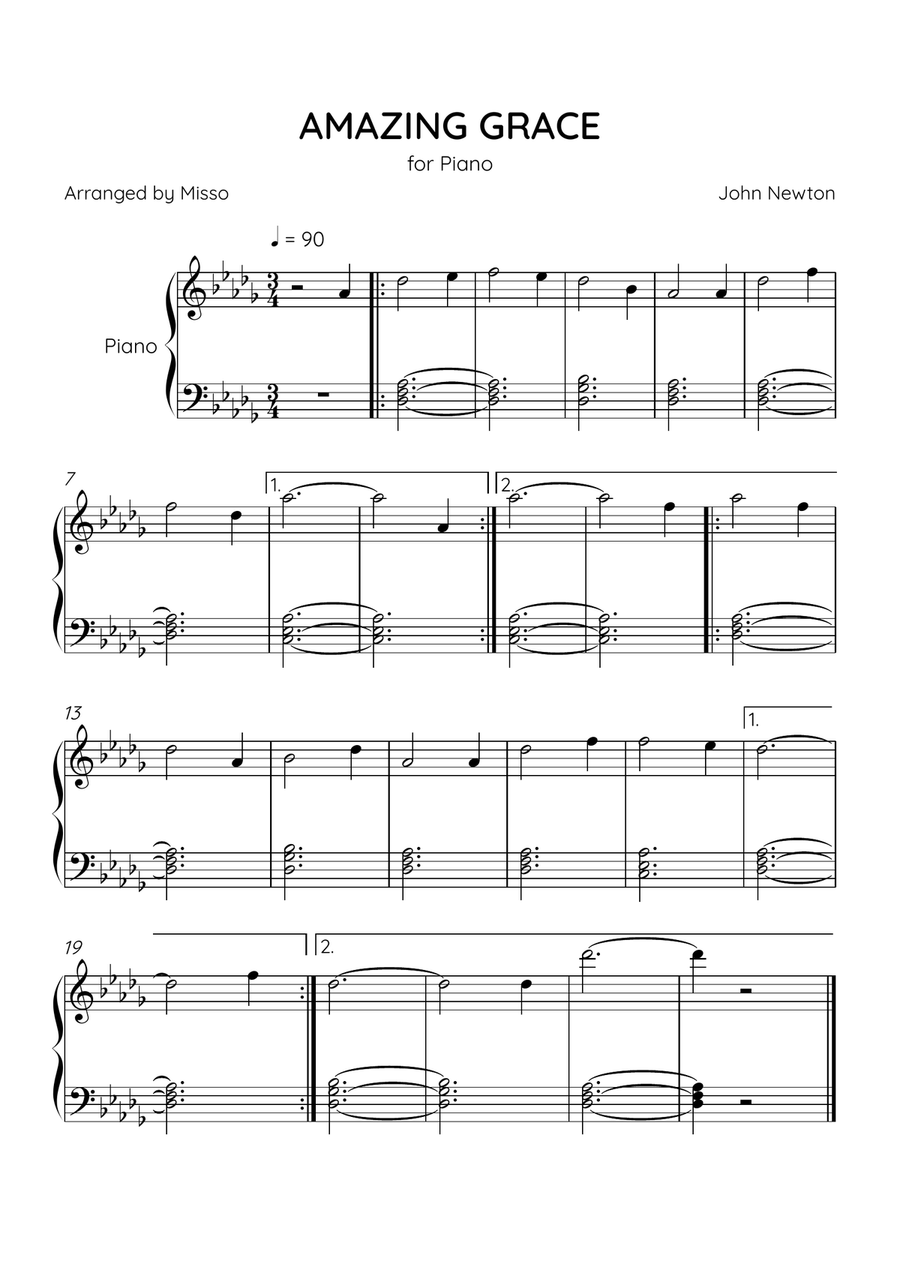 Amazing Grace - Piano Solo in Db Major - Beginner Level - Sheet Music Easy Piano scores gallery preview page 1