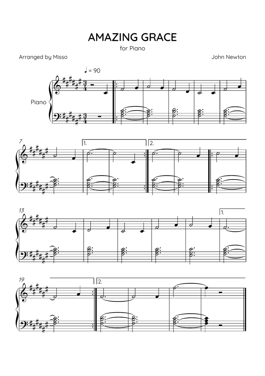 Amazing Grace - Piano Solo in F# Major - Beginner Level - Sheet Music Easy Piano scores gallery preview page 1