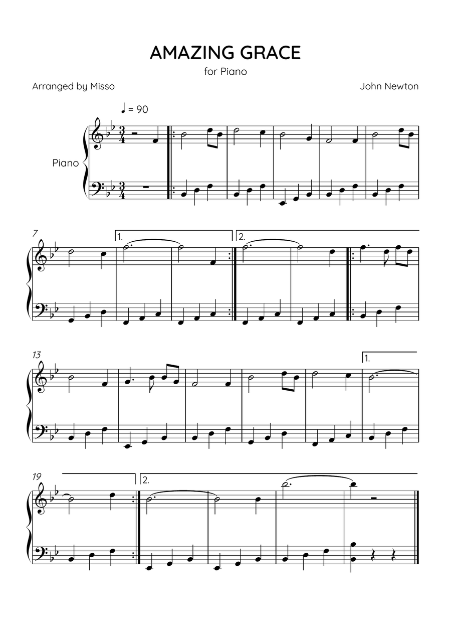 Amazing Grace - Piano Solo in Bb Major - Easy Level - Sheet Music Easy Piano scores gallery preview page 1