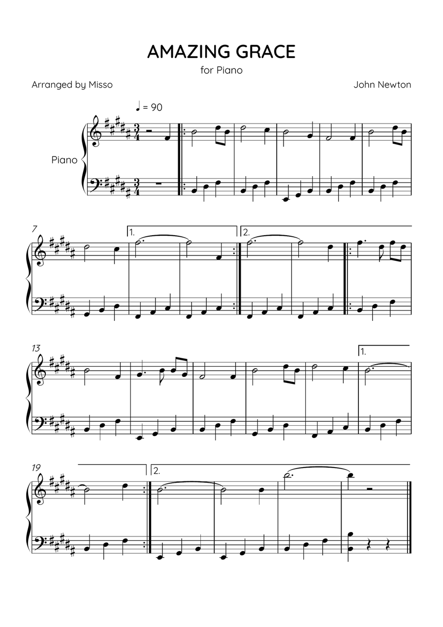 Amazing Grace - Piano Solo in B Major - Easy Level - Sheet Music Easy Piano scores gallery preview page 1