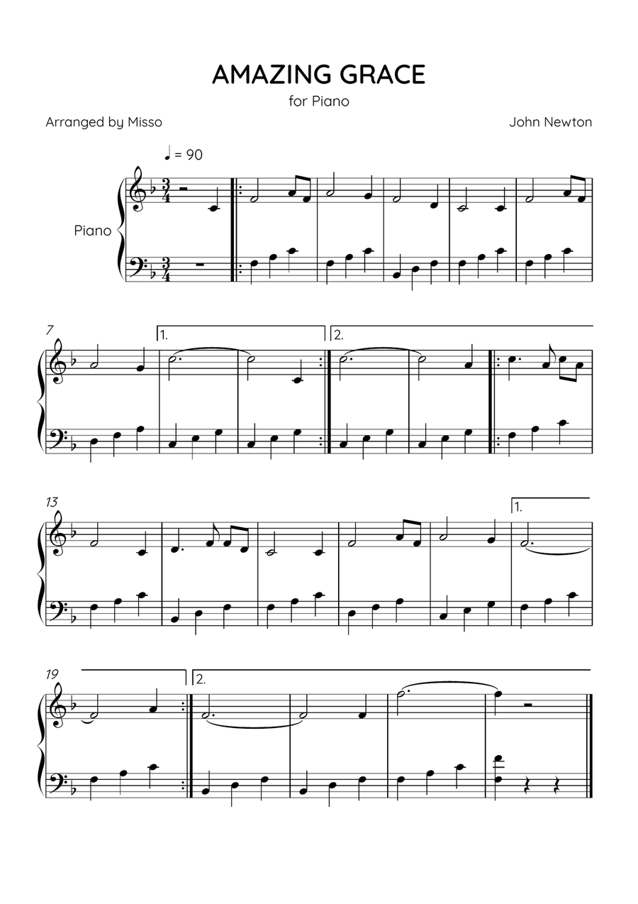 Amazing Grace - Piano Solo in F Major - Easy Level - Sheet Music Easy Piano scores gallery preview page 1