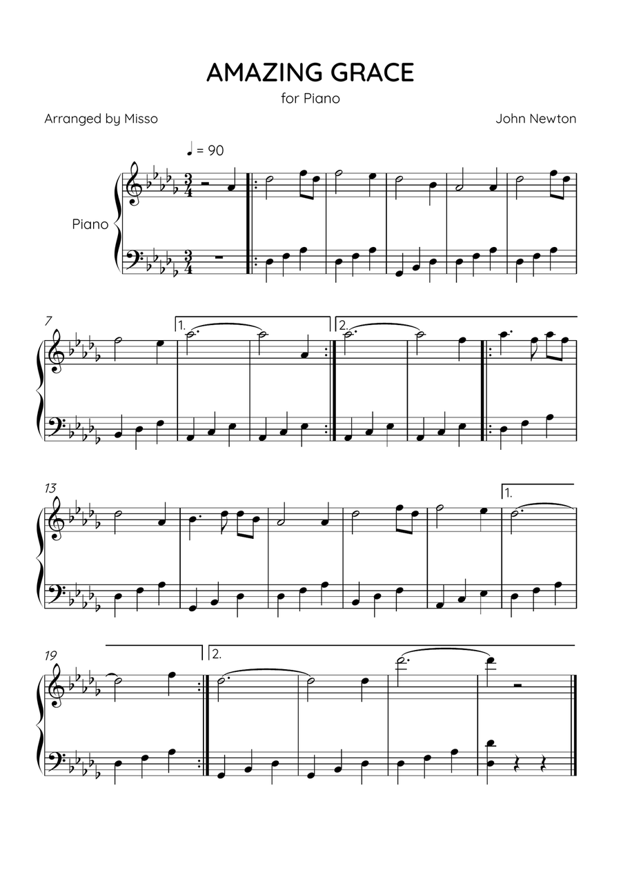 Amazing Grace - Piano Solo in Db Major - Easy Level - Sheet Music Easy Piano scores gallery preview page 1